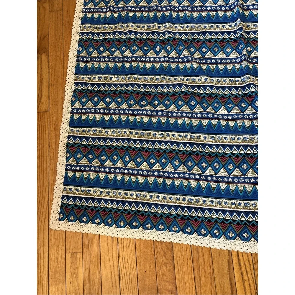 Vibrant Bohemian Mediterranean Blue Fabric Tablecloth Crochet Trim Geometric